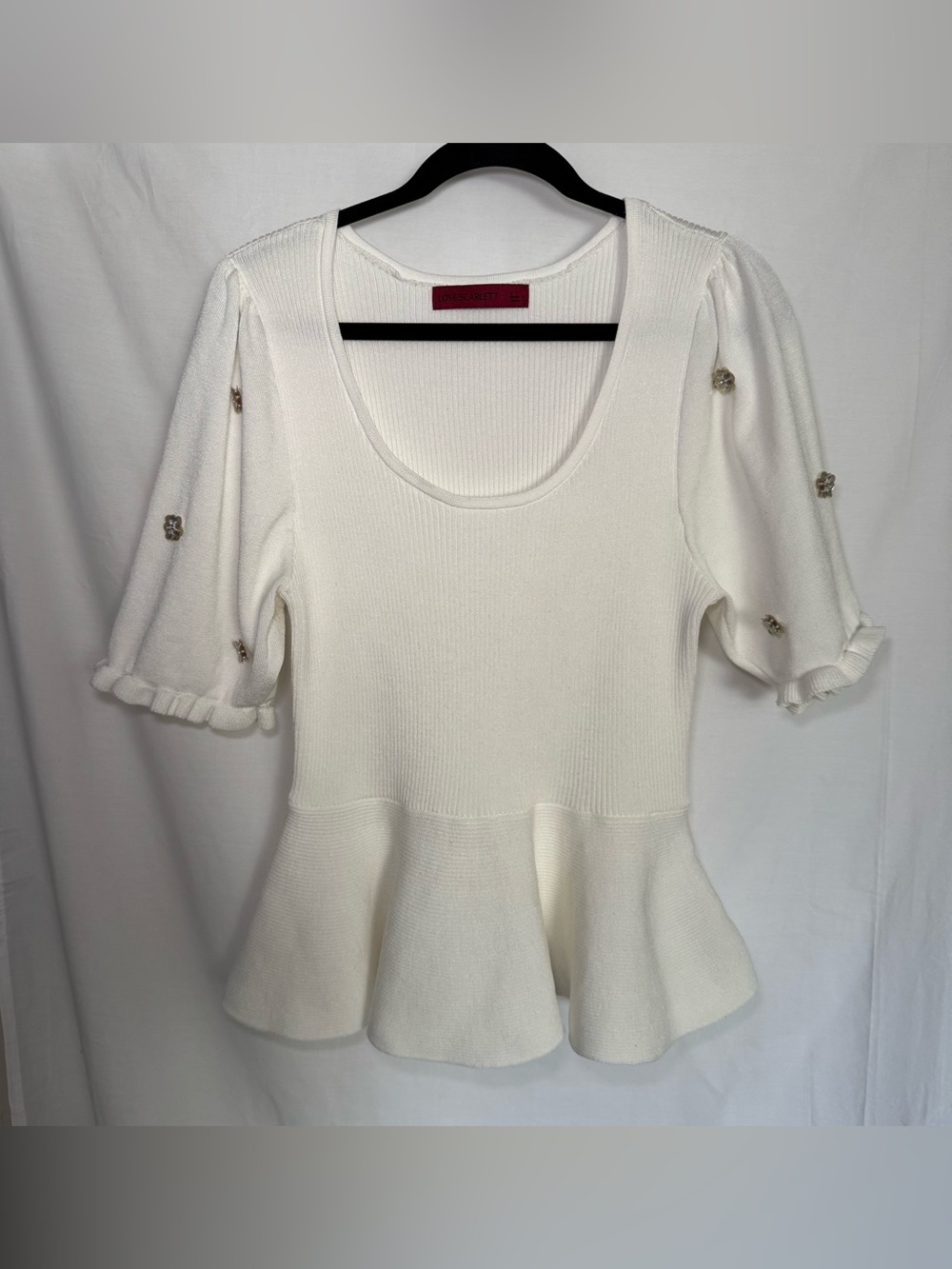 Love Scarlett Cream Knit Peplum Top Crystal Flower Puff Sleeve Large Coquette